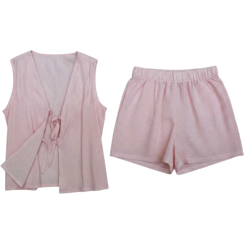 Vintage Pink Seersucker Stripe Tie Front Top Shorts Set Womens S COQUETTE Retro